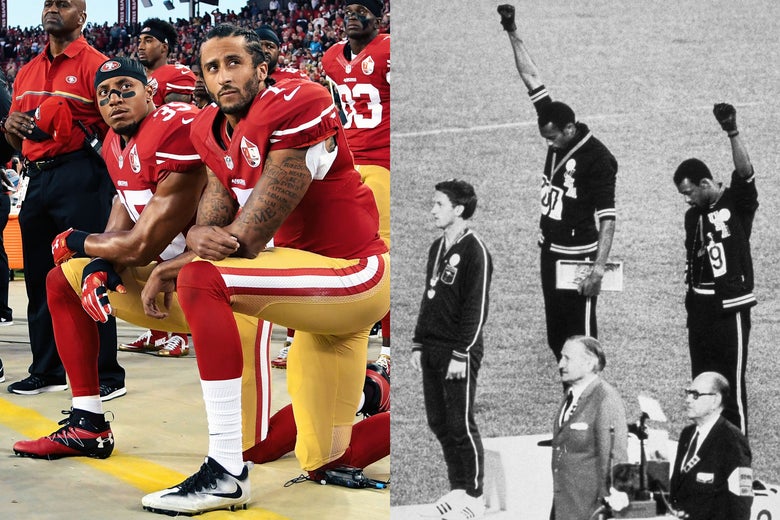 Left: Colin Kaepernick and Eric Reid of the San Francisco 49ers kneel in protest during the national anthem prior to playing the Los Angeles Rams at Levi’s Stadium on Sept. 12, 2016, in Santa Clara, California. Right: American sprinters Tommie Smith and John Carlos raise their fists at the 1968 Olympic Games in Mexico City.